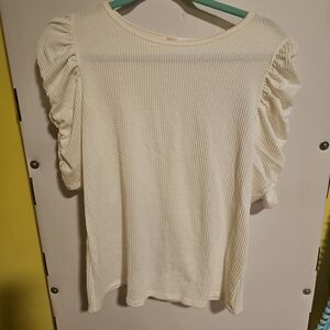 Women's Large Hanger 55 White Ivory Shirt Blouse Textured Fabric Cinched Sleeves